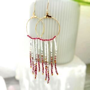 Boho Chic Seed Bead Fringe Tassel Hoop Dangle Earrings, Statement Artisan